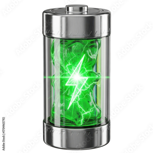 Realistic 3d render of a cylindrical battery with green energy and lightning bolt isolated on transparent background