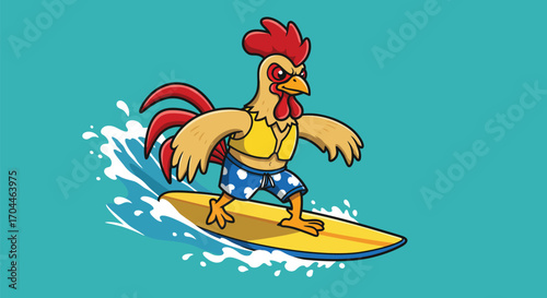 Cartoon rooster surfing on a wave, wearing a life vest and shorts.