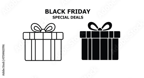 Black Friday special deals promotional graphic with two gift box icons, one outline and one solid silhouette.