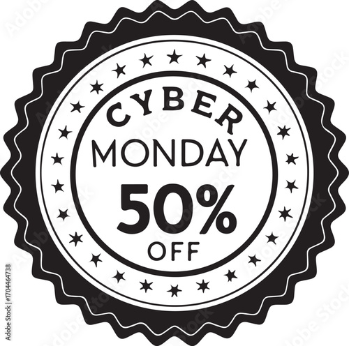 Cyber Monday 50 Percent Off Sale Badge with Stars and Scalloped Edge discount fifty percent