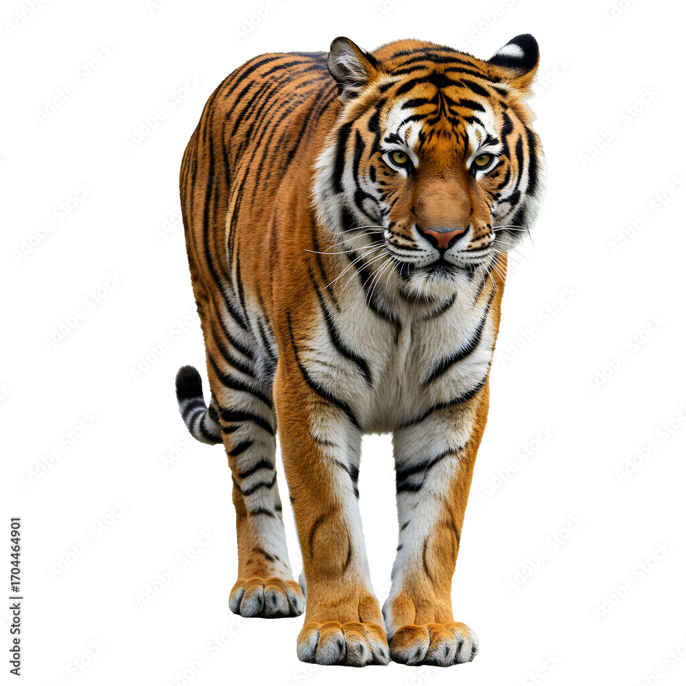 Naklejka premium Majestic Tiger Walking Forward, A Powerful Predator with Striking Stripes on White Background