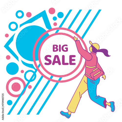 Exciting big sale event with dynamic person and abstract geometric shapes celebration