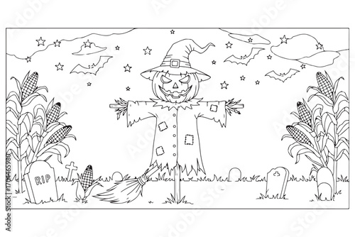 Halloween Scarecrow Pumpkin Head with Bats Corn and Gravestones Outline jack o lantern