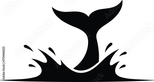 Minimal vector silhouette, dolphin tail slapping water line implied, side view, solid black