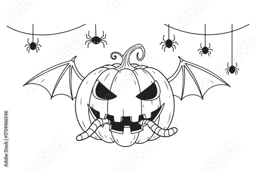 Spooky Halloween Pumpkin with Bat Wings and Worms Outline jack-o-lantern carved