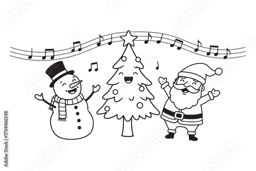 Coloring page of Santa Claus and Snowman Singing Christmas Carols with Music Notes christmas tree