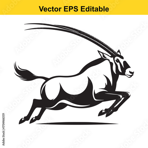 Vector art of black and white illustration of a running oryx