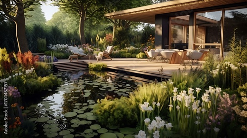 Exquisite residential landscape design featuring a tranquil pond and elegant modern architecture
