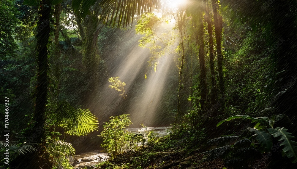 Fototapeta premium Enchanting Rainforest Illuminated By Sunbeams A Glimpse Into Nature S Lush Wilderness