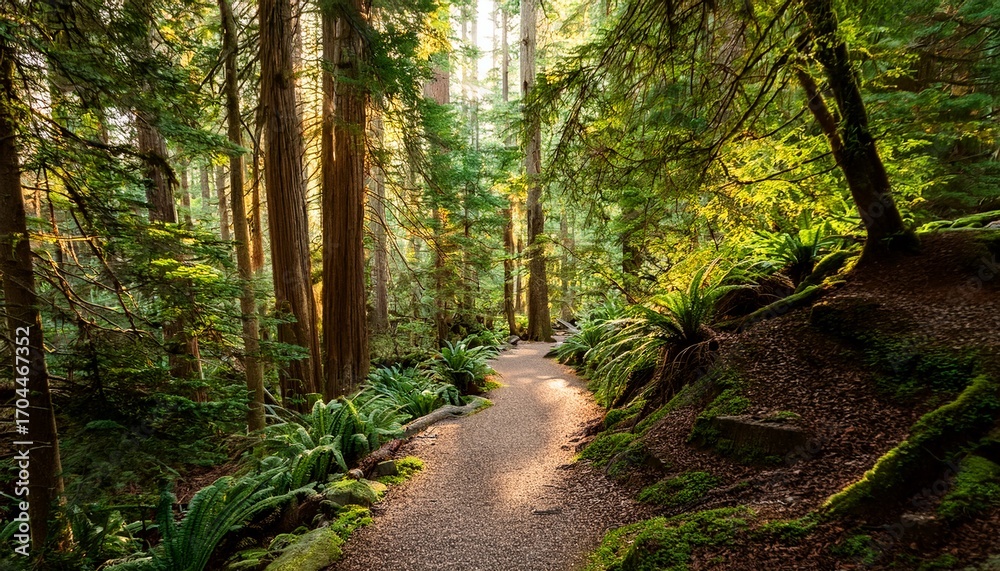 Obraz premium Enchanting Forest Path A Journey Through Verdant Woods And Natural Beauty Scenic