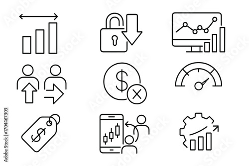 Forex Trading Icons. Line style icons of forex trading: spread comparison chart, position hedging icon, economic indicator data,