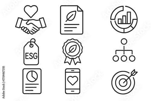 Angel Investing Icons. Line style icons of Impact Angel Investing: Social enterprise icon, environmental mission file, triple