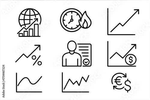 Hedge Fund Icons. Line style icons of hedge funds: macro indicators icon, inflation watch, GDP tracking symbol, interest rate