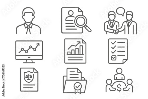 Hedge Fund Icons. Line style icons of hedge funds: fund manager profile, due diligence process, investor onboarding, fund