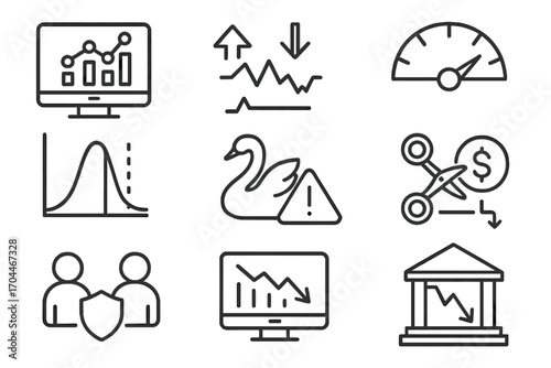 Hedge Fund Icons. Line style icons of hedge funds: risk dashboard, stress testing symbol, market exposure gauge, VaR model graph,