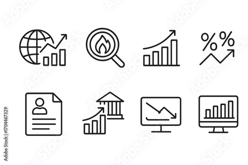 Hedge Fund Icons. Line style icons of hedge funds: macro indicators icon, inflation watch, GDP tracking symbol, interest rate