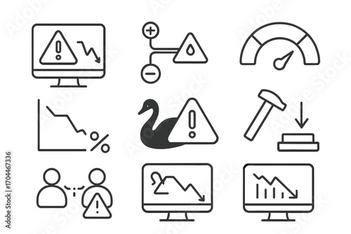 Hedge Fund Icons. Line style icons of hedge funds: risk dashboard, stress testing symbol, market exposure gauge, VaR model graph,
