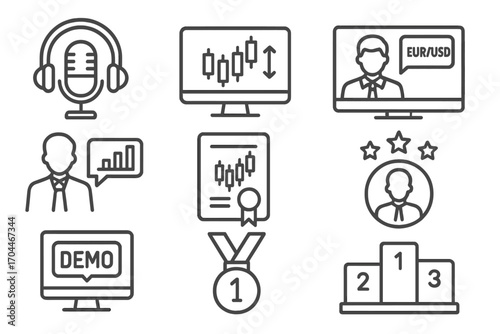 Forex Trading Icons. Line style icons of forex trading: forex trading podcast, trading desk monitor, financial TV news, economic