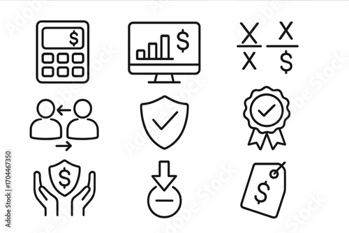Forex Trading Icons. Line style icons of forex trading: pip value calculator, margin requirement display, position size formula,