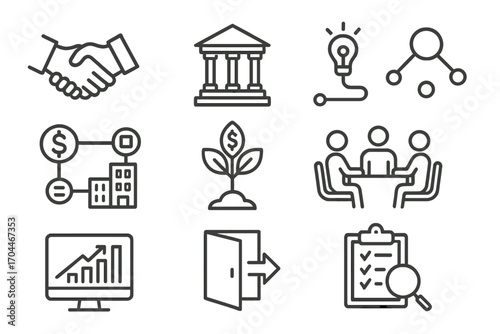 Private Equity Icons. Line style icons of private equity: investor handshake, portfolio company, deal sourcing, leveraged buyout,