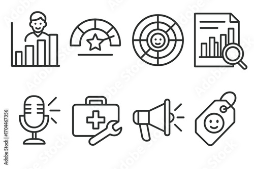 Hedge Fund Icons. Line style icons of hedge funds: investor confidence chart, reputation index icon, social sentiment radar, hedge