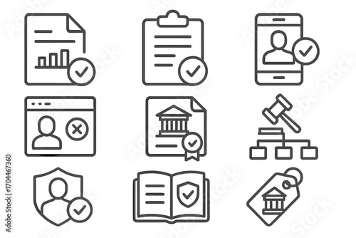 Private Equity Iconography. Line style icons of private equity: regulatory filing icon, compliance report, KYC process, AML
