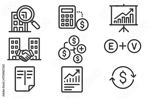M&A Icons Set. Line style icons of mergers & acquisitions: business valuation, DCF model icon, comparable analysis chart,
