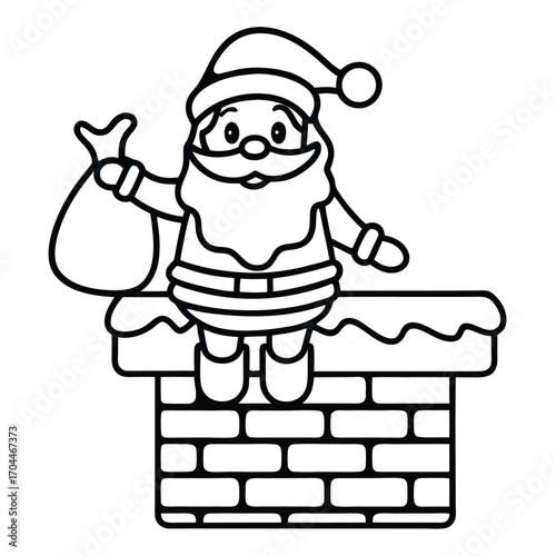 Black and white illustration of Santa Claus sitting on a snowy chimney with a gift bag Keywords: Santa Claus, chimney, Christmas, winter, holiday, gift bag, present, sitting, waving, greeting