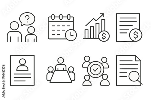 Private Equity Icons. Line style icons of private equity: investor Q&A, monthly update icon, investment performance report,