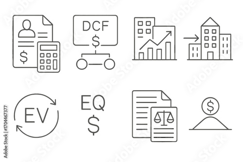 M&A Icons Set. Line style icons of mergers & acquisitions: business valuation, DCF model icon, comparable analysis chart,