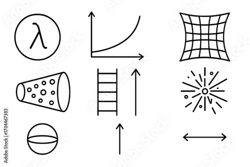 Astrophysics Line Icons. Line style icons of astrophysics: cosmological constant, scale factor graph, FLRW metric, universe