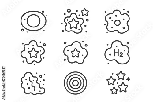 Astrophysics Iconography. Line style icons of astrophysics: planetary nebula icon, stellar nursery, interstellar dust cloud,