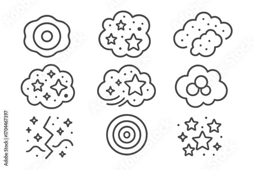 Astrophysics Iconography. Line style icons of astrophysics: planetary nebula icon, stellar nursery, interstellar dust cloud,