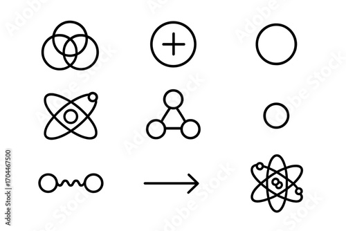 Particle Physics Icons. Line style icons of particle physics: atom nucleus, proton icon, neutron symbol, electron orbit, quark