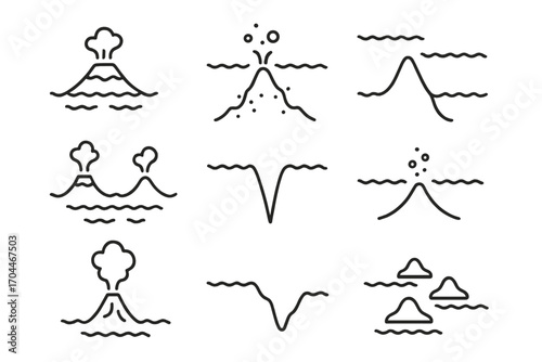 Volcanology Line Icons. Line style icons of volcanology: volcanic island formation, underwater eruption, seamount icon, island arc