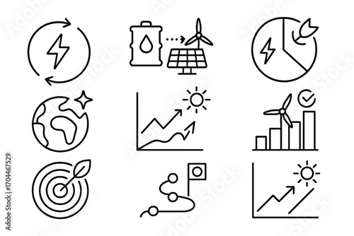 Renewable Energy Icons. Line style icons of renewable energy: energy transition icon, fossil to renewables, energy mix chart,