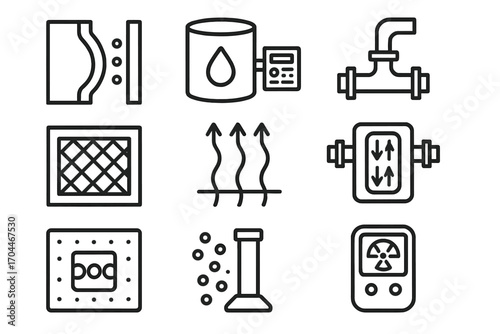 Nuclear Fusion Icons. Line style icons of nuclear fusion: reactor shielding wall, tritium recycling unit, gas exhaust port,