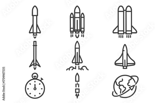 Space Exploration Icons. Line style icons of space exploration: launch vehicle icon, heavy lift rocket, booster stack, reusable
