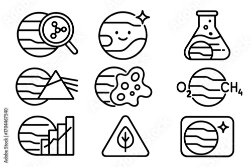 Exoplanet Icon Set. Line style icons of exoplanets: biosignature detection, life indicator icon, atmospheric biomarker, spectral
