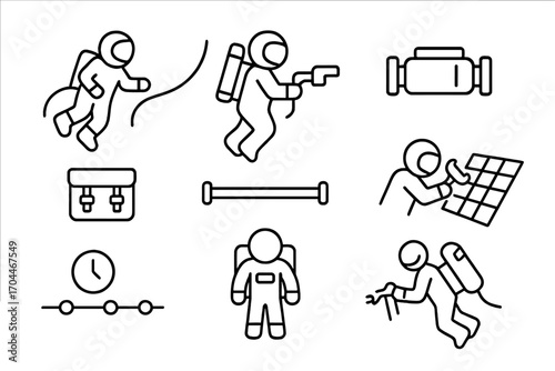 Spacewalk Line Icons. Line style icons of space exploration: spacewalk icon, tether line, maneuvering unit, external module, tool