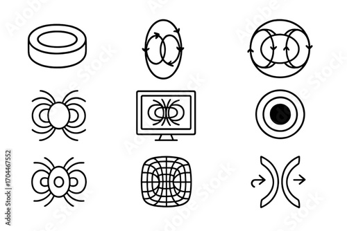 Nuclear Fusion Icons. Line style icons of nuclear fusion: magnetic field coil, poloidal field, toroidal field icon, magnetic flux