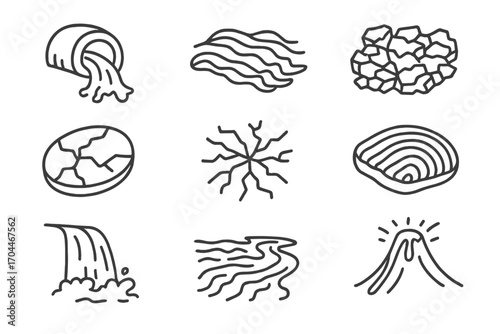Volcanology Line Icons. Line style icons of volcanology: lava tube, pahoehoe lava, aa lava, lava crust, cooling crack, ropey