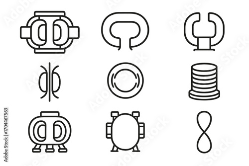 Nuclear Fusion Icons. Line style icons of nuclear fusion: tokamak reactor, toroidal chamber, superconducting magnet, magnetic
