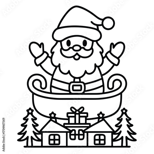 Cartoon Santa Claus in a sleigh above houses and trees, black and white outline Christmas holiday