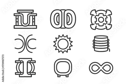 Nuclear Fusion Icons. Line style icons of nuclear fusion: tokamak reactor, toroidal chamber, superconducting magnet, magnetic