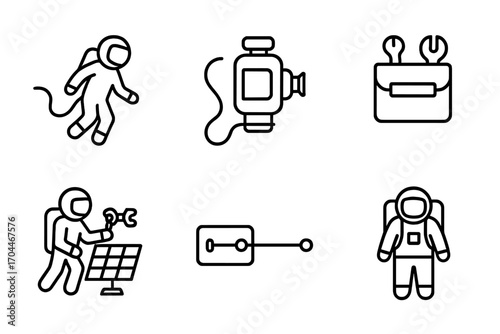 Spacewalk Line Icons. Line style icons of space exploration: spacewalk icon, tether line, maneuvering unit, external module, tool