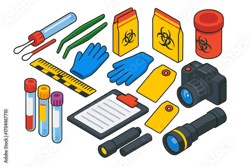 Forensic Evidence Tools. Isometric vector illustration set Evidence collection: swab kit, forceps, evidence bags, biohazard