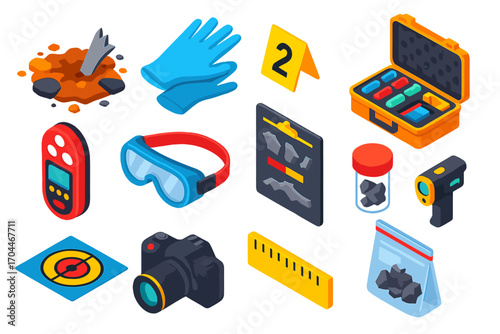 Explosion Investigation Icons. Isometric vector illustration set Explosion investigation: blast debris sample, gloves, bomb