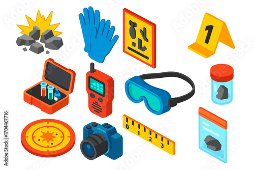 Explosion Investigation Icons. Isometric vector illustration set Explosion investigation: blast debris sample, gloves, bomb