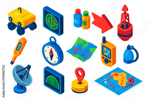 Ocean Navigation Tools. Isometric vector illustration set Ocean navigation tools: survey robot, radar display, chemical sample